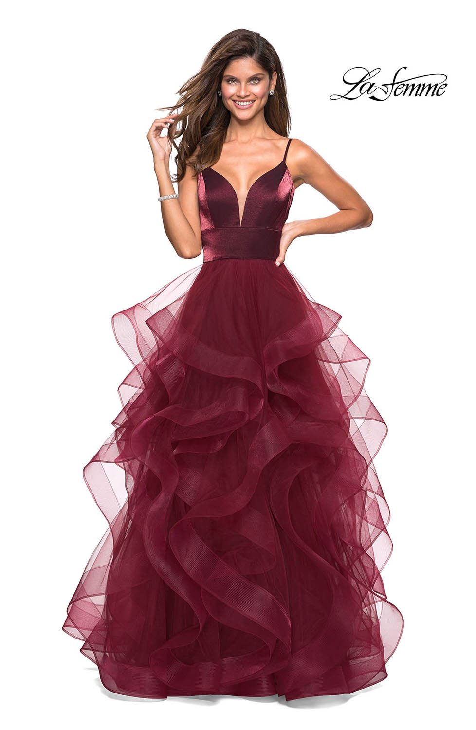 La Femme 27502 dress images in these colors: Blush, Burgundy, Gunmetal, Navy.