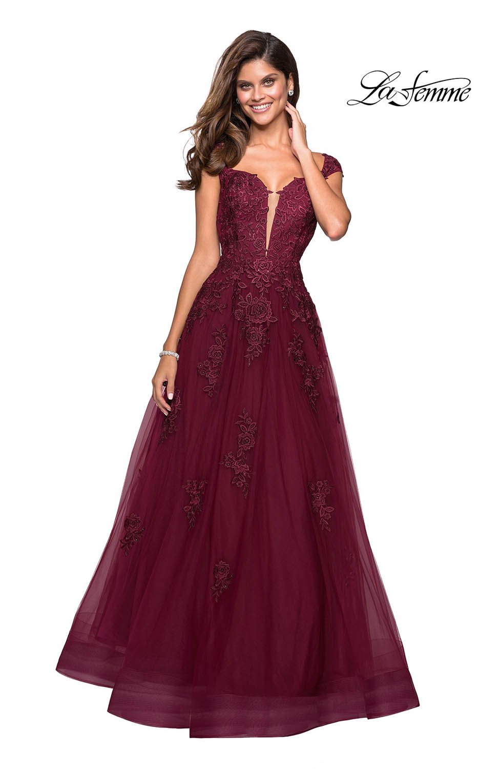 La Femme 27503 dress images in these colors: Indigo, Mauve, Wine.