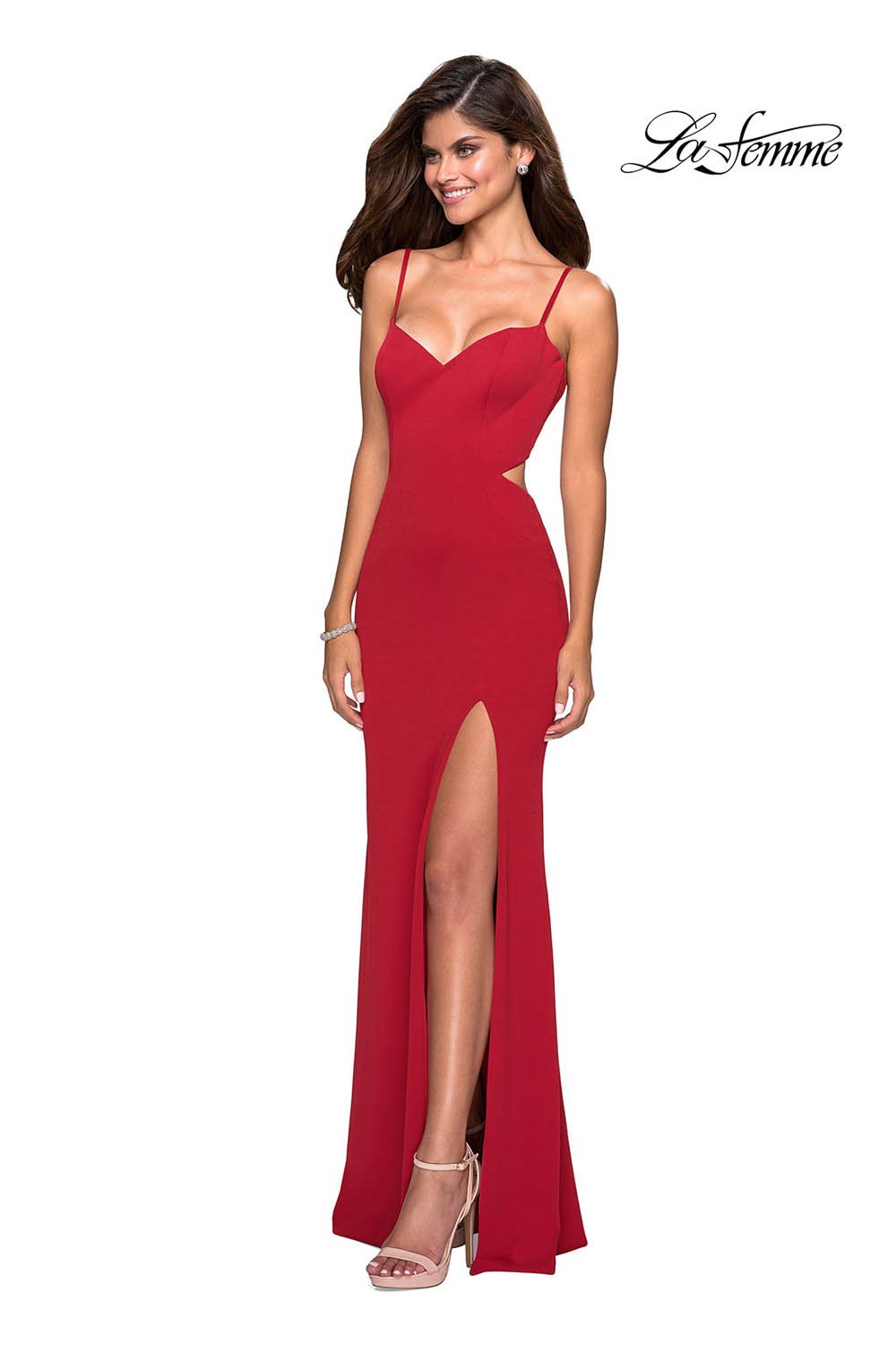 La Femme 27516 dress images in these colors: Deep Red, Plum, Royal Blue.