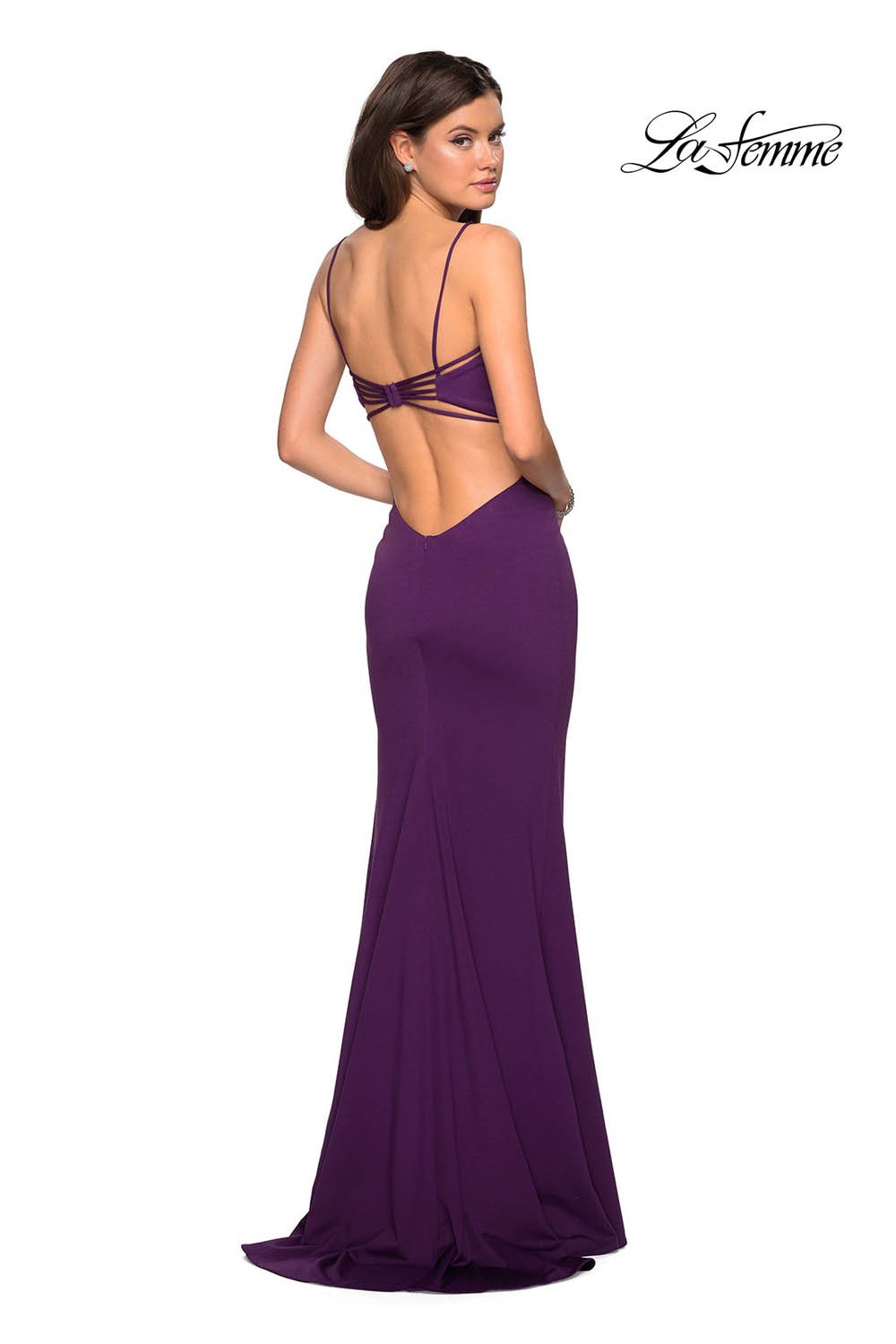 La Femme 27516 dress images in these colors: Deep Red, Plum, Royal Blue.