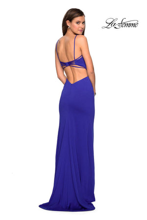 La Femme 27516 dress images in these colors: Deep Red, Plum, Royal Blue.