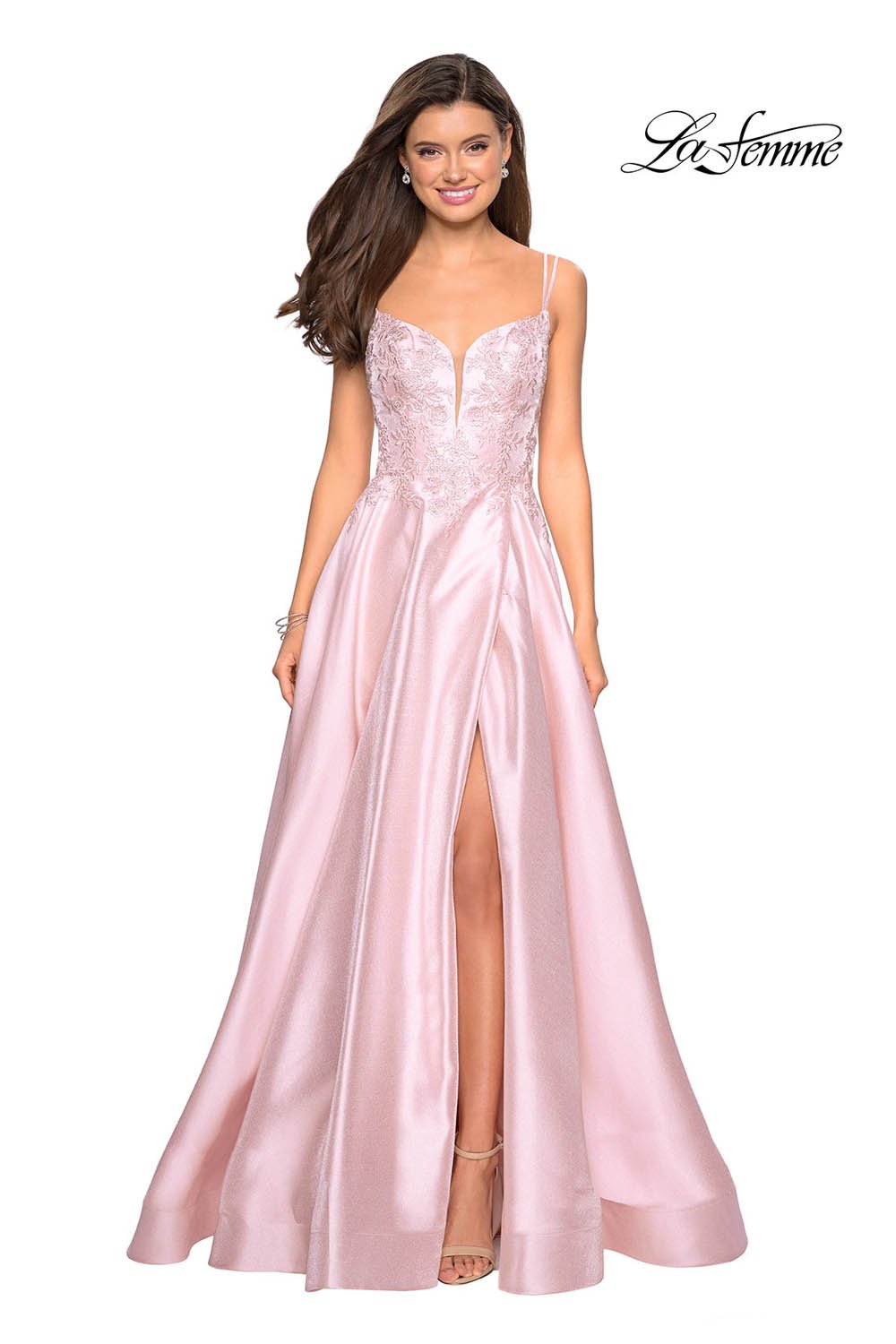 La Femme 27528 dress images in these colors: Blush, Lavender, Red, Sapphire Blue.