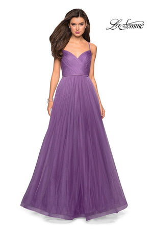 La Femme 27535 dress images in these colors: Lavender, Mauve, Navy, Platinum.