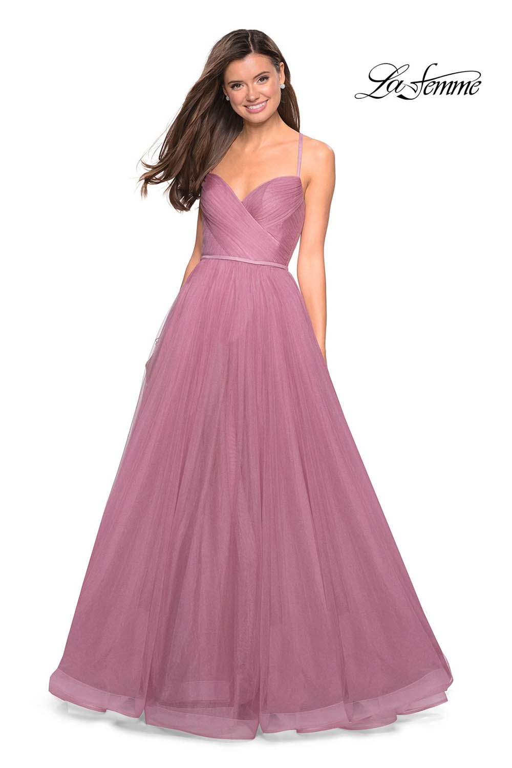 La Femme 27535 dress images in these colors: Lavender, Mauve, Navy, Platinum.