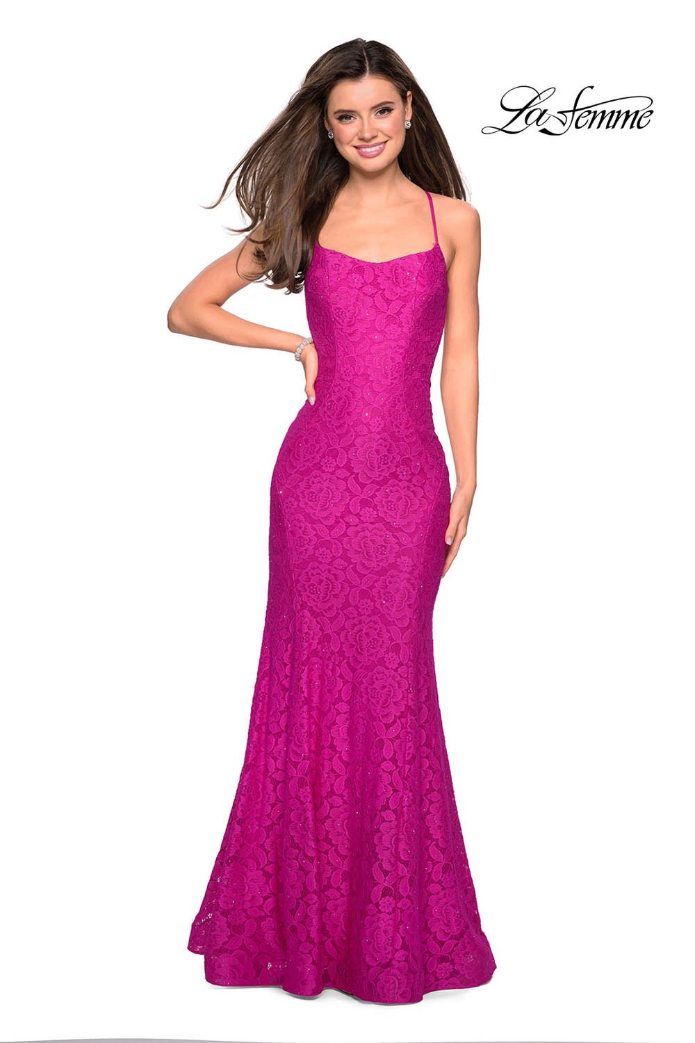 La Femme 27565 dress images in these colors: Gunmetal, Hot Pink, Navy, Periwinkle, White, Yellow.