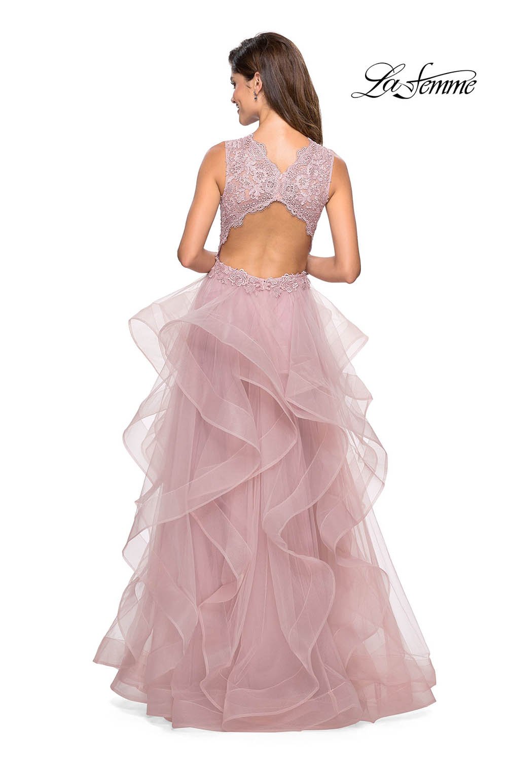 La Femme 27570 dress images in these colors: Lilac Mist, Mauve, Platinum, White.