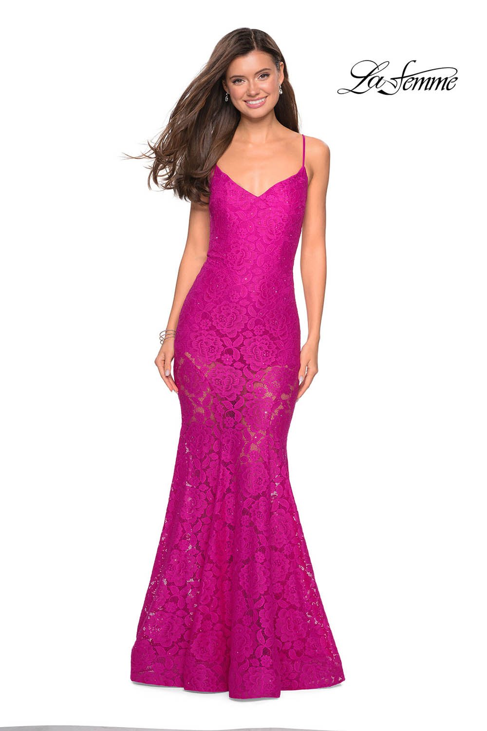 La Femme 27584 dress images in these colors: Black, Electric Blue, Hot Pink, Ivory, Wine.