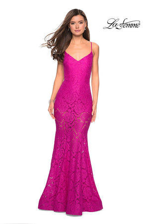 La Femme 27584 dress images in these colors: Black, Electric Blue, Hot Pink, Ivory, Wine.