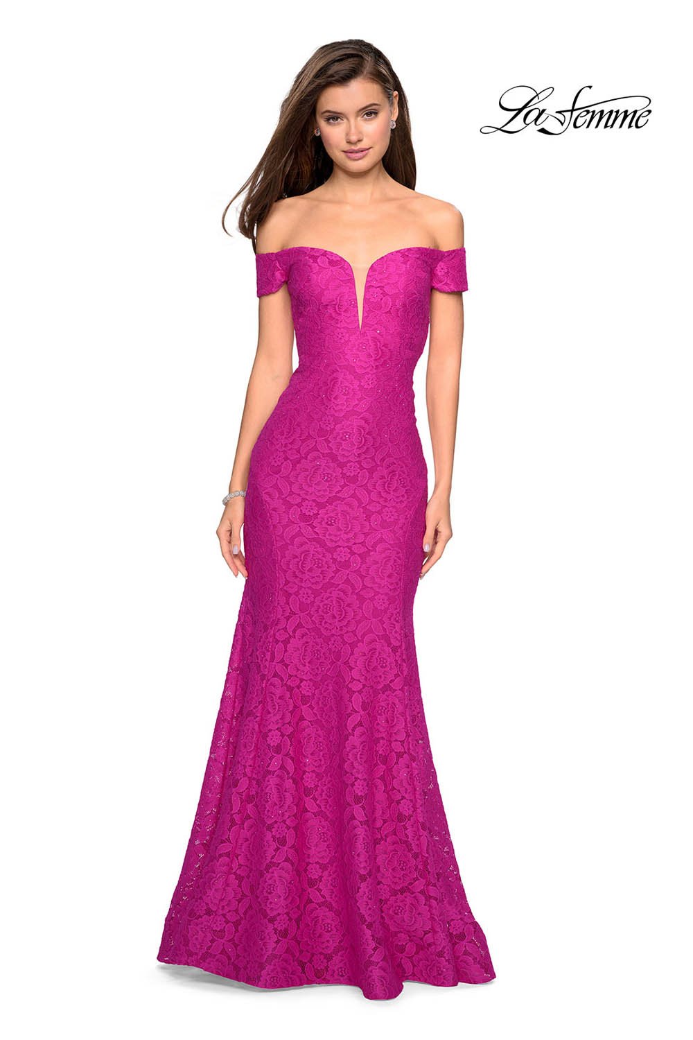 La Femme 27613 dress images in these colors: Electric Blue, Hot Pink, Pale Yellow.