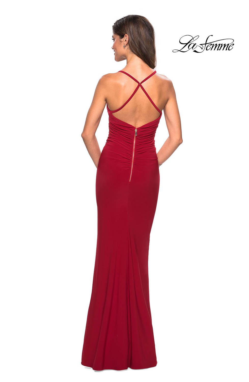 La Femme 27622 dress images in these colors: Black, Forest Green, Gunmetal, Red, Royal Blue.