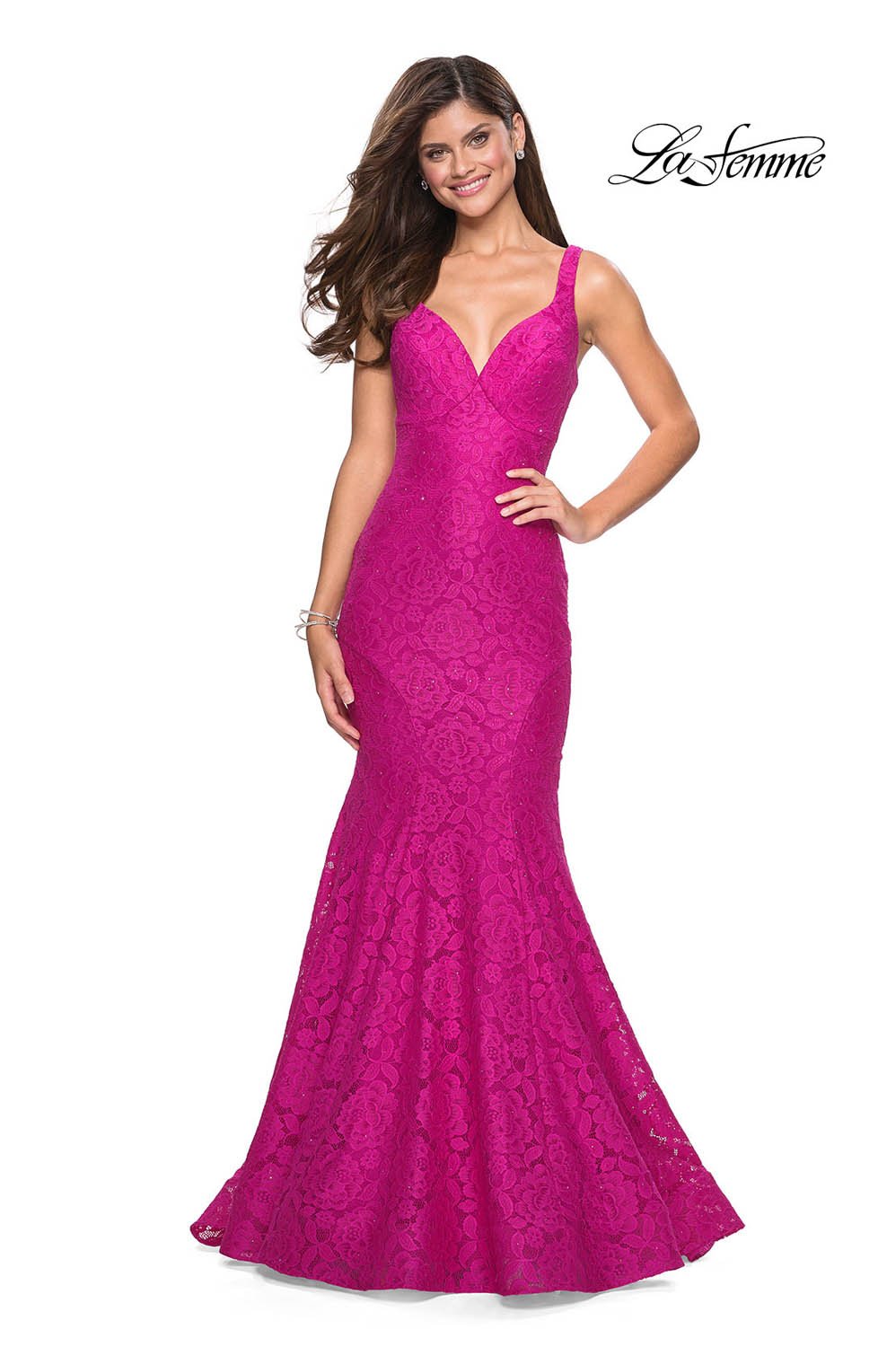 La Femme 27623 dress images in these colors: Cloud Blue, Hot Pink, White, Yellow.