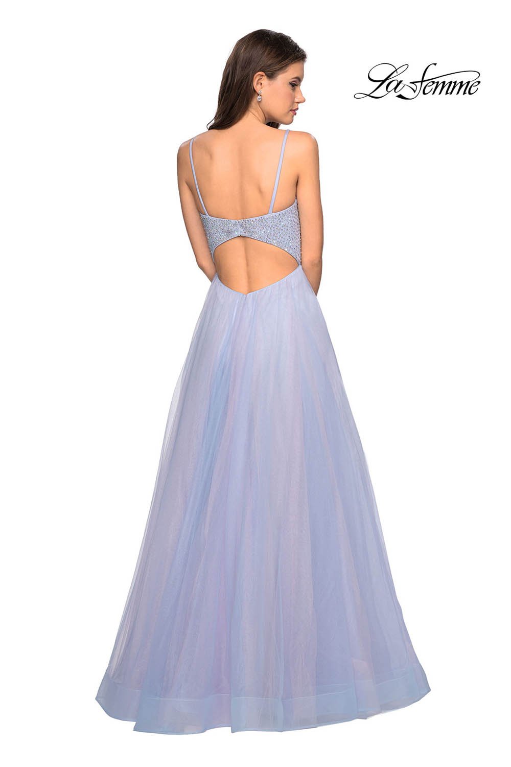 La Femme 27636 dress images in these colors: Blue Pink, Mauve.