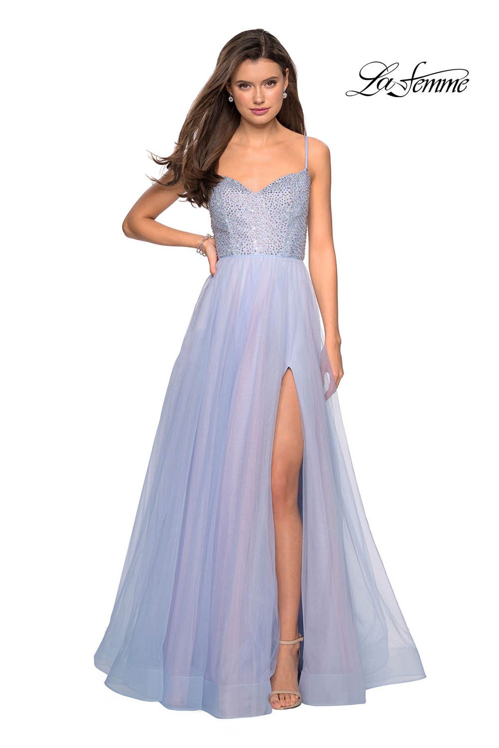 La Femme 27636 dress images in these colors: Blue Pink, Mauve.