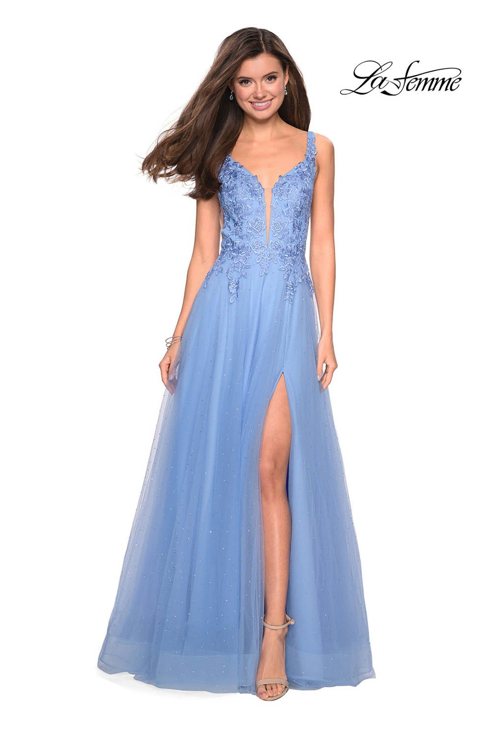 La Femme 27646 dress images in these colors: Cloud Blue, Mauve.