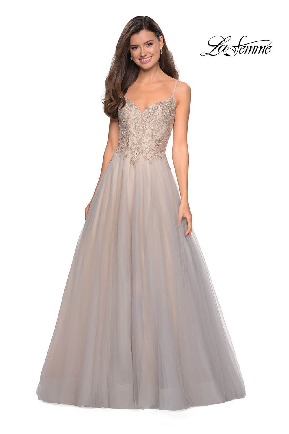 La Femme 27674 dress images in these colors: Gray Nude.