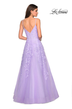 La Femme 27819 dress images in these colors: Dusty Blue, Lavender, Light Pink.