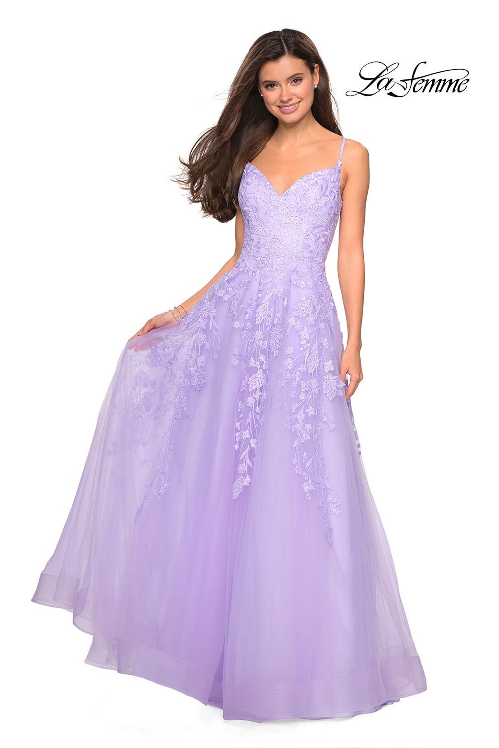 La Femme 27819 dress images in these colors: Dusty Blue, Lavender, Light Pink.