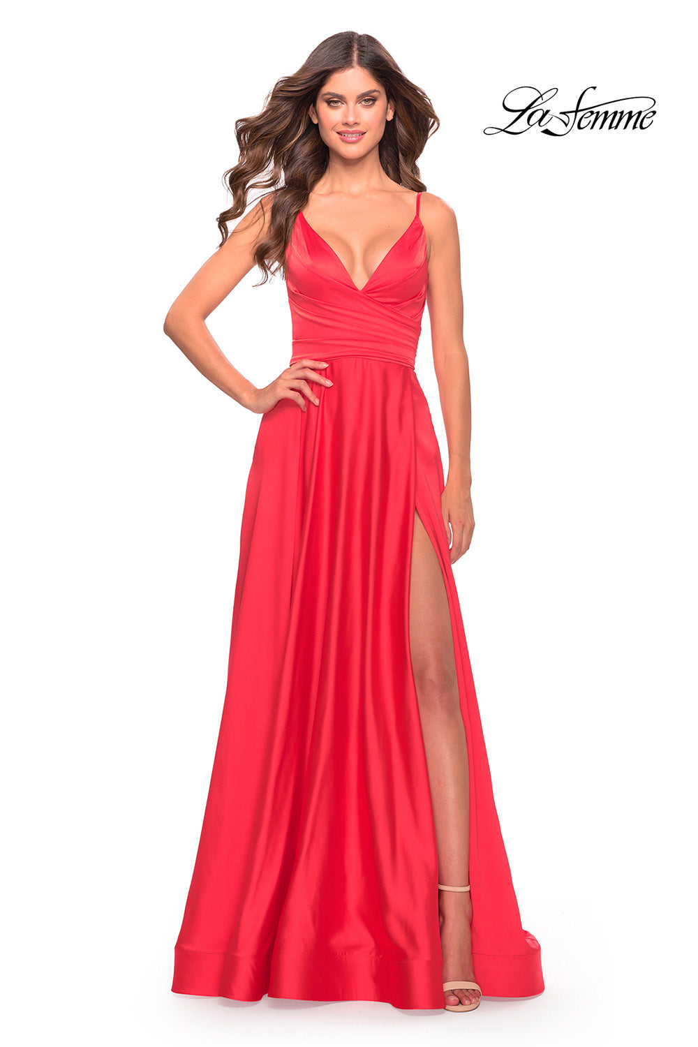 La Femme 31121 prom dress images.  La Femme 31121 is available in these colors: Hot Coral, Neon Pink.