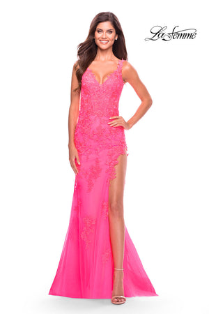La Femme 31125 prom dress images.  La Femme 31125 is available in these colors: Aqua, Light Periwinkle, Neon Pink.