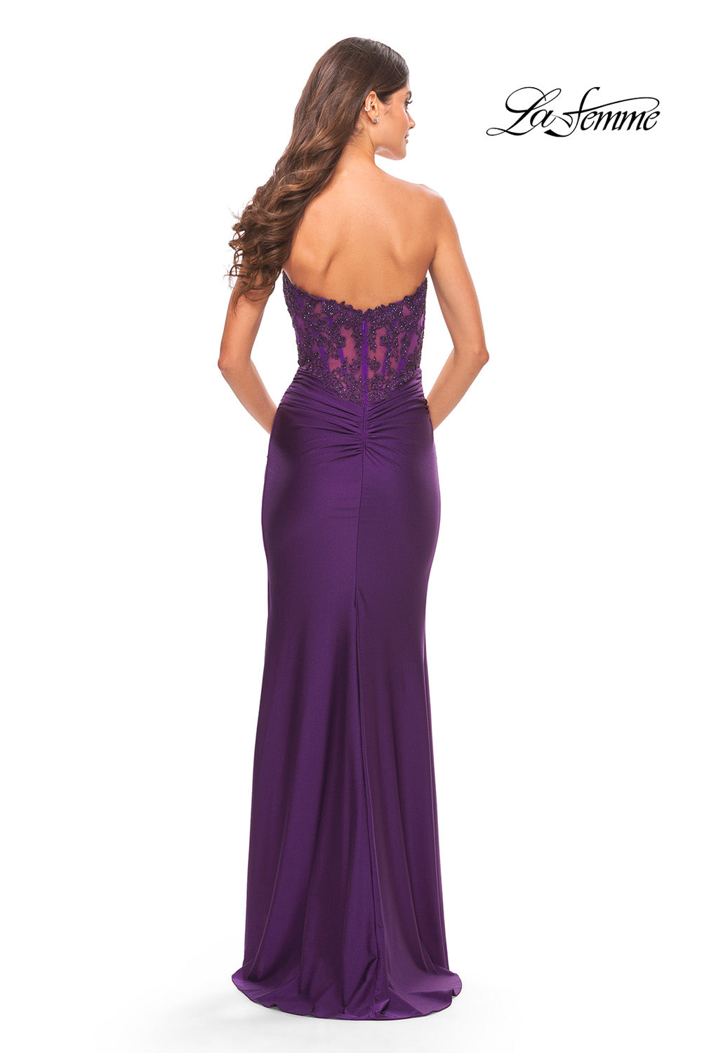 La Femme 31182 prom dress images.  La Femme 31182 is available in these colors: Dark Berry, Dark Emerald, Navy, Royal Purple.