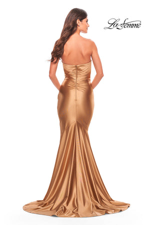 La Femme 31322 prom dress images.  La Femme 31322 is available in these colors: Bronze, Dark Emerald, Navy, Silver.