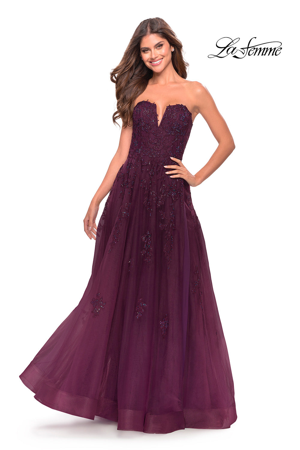 La Femme 31345 prom dress images.  La Femme 31345 is available in these colors: Dark Berry, Dark Emerald.