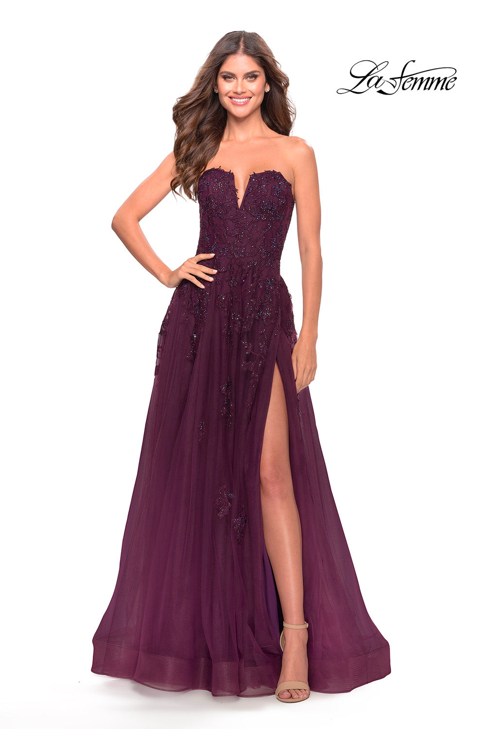 La Femme 31345 prom dress images.  La Femme 31345 is available in these colors: Dark Berry, Dark Emerald.