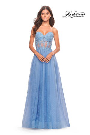 La Femme 31367 prom dress images.  La Femme 31367 is available in these colors: Cloud Blue, Light Periwinkle, Sage.