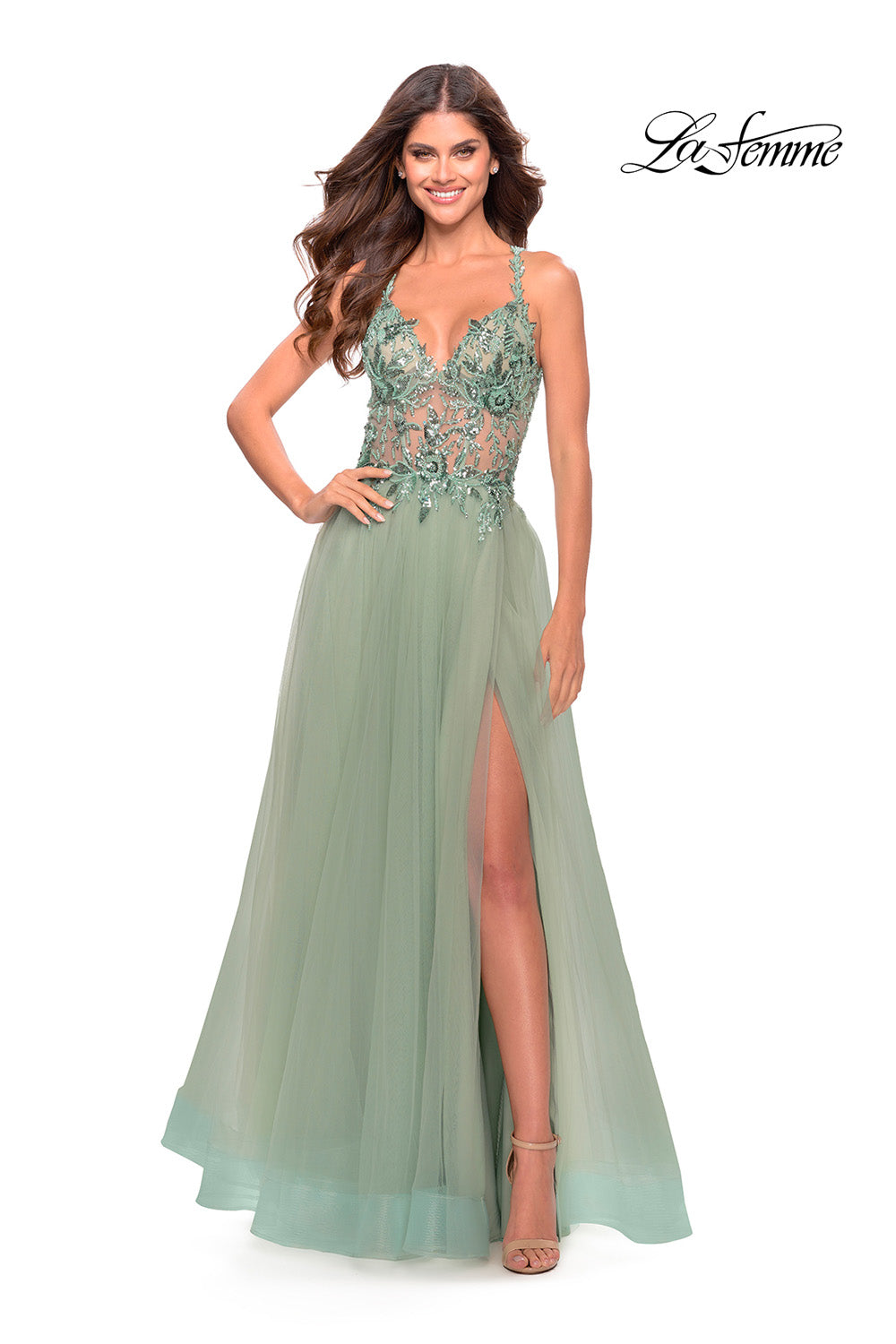 La Femme 31369 prom dress images.  La Femme 31369 is available in these colors: Light Periwinkle, Sage.