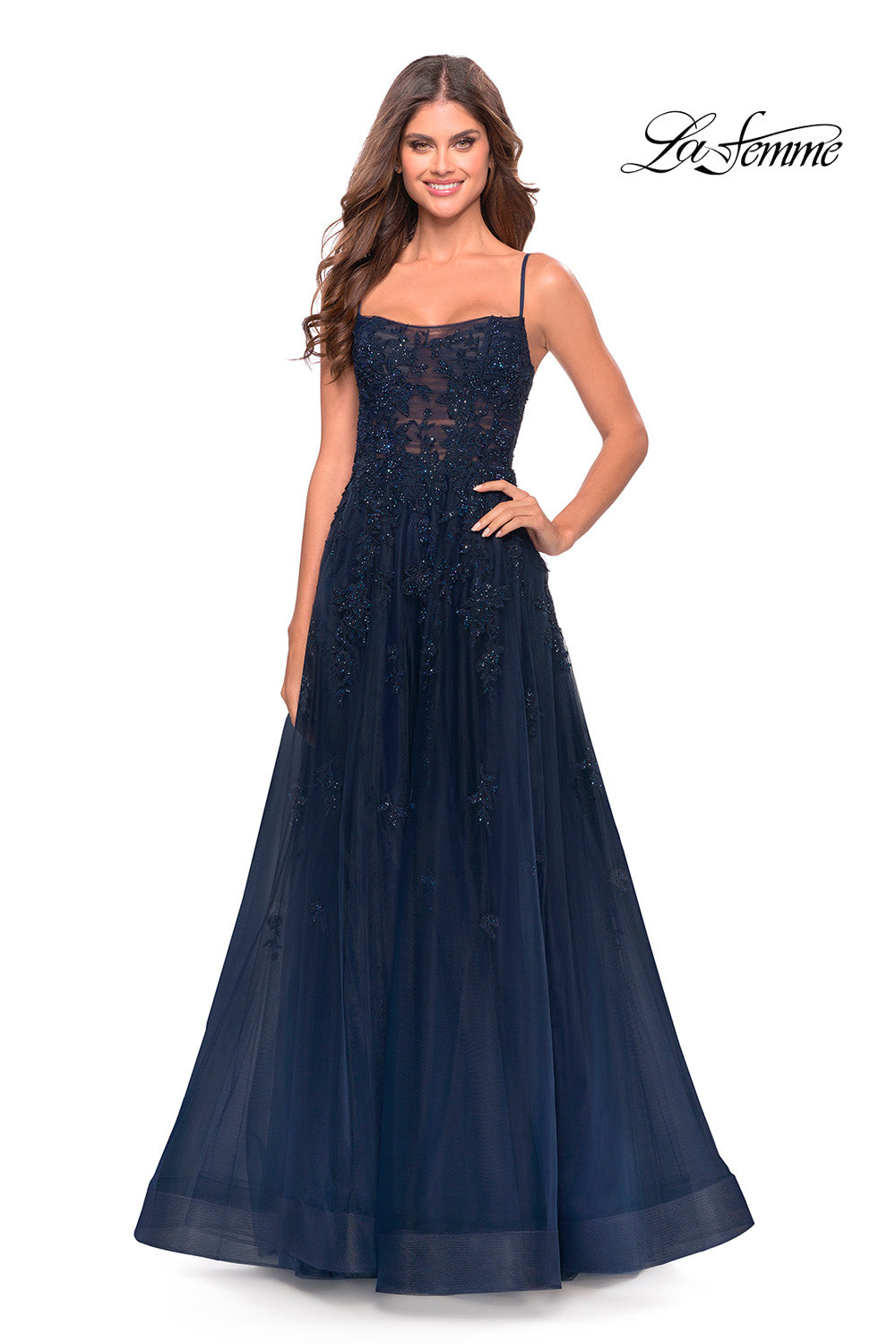 La Femme 31381 prom dress images.  La Femme 31381 is available in these colors: Navy, Red.