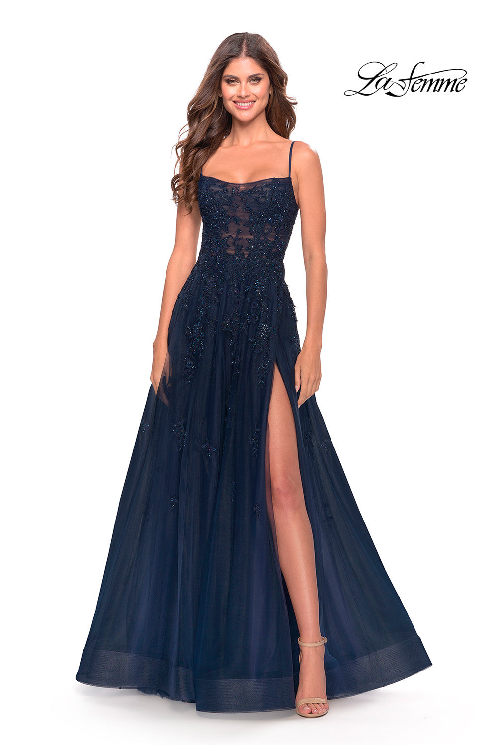 La Femme 31381 prom dress images.  La Femme 31381 is available in these colors: Navy, Red.