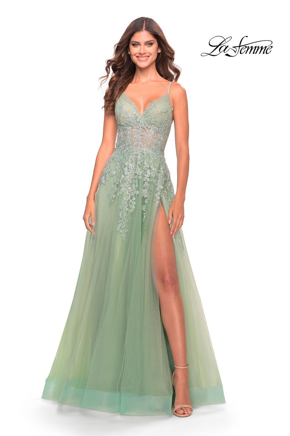 La Femme 31393 prom dress images.  La Femme 31393 is available in these colors: Dark Berry, Dusty Mauve, Sage.