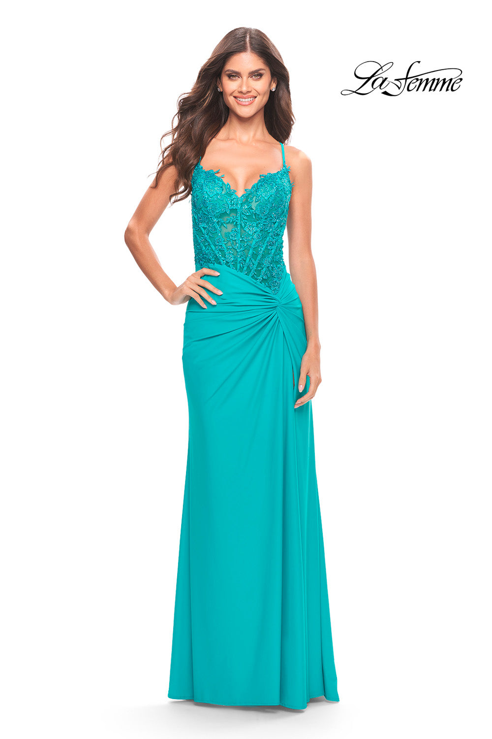 La Femme 31447 prom dress images.  La Femme 31447 is available in these colors: Aqua, Hot Coral.