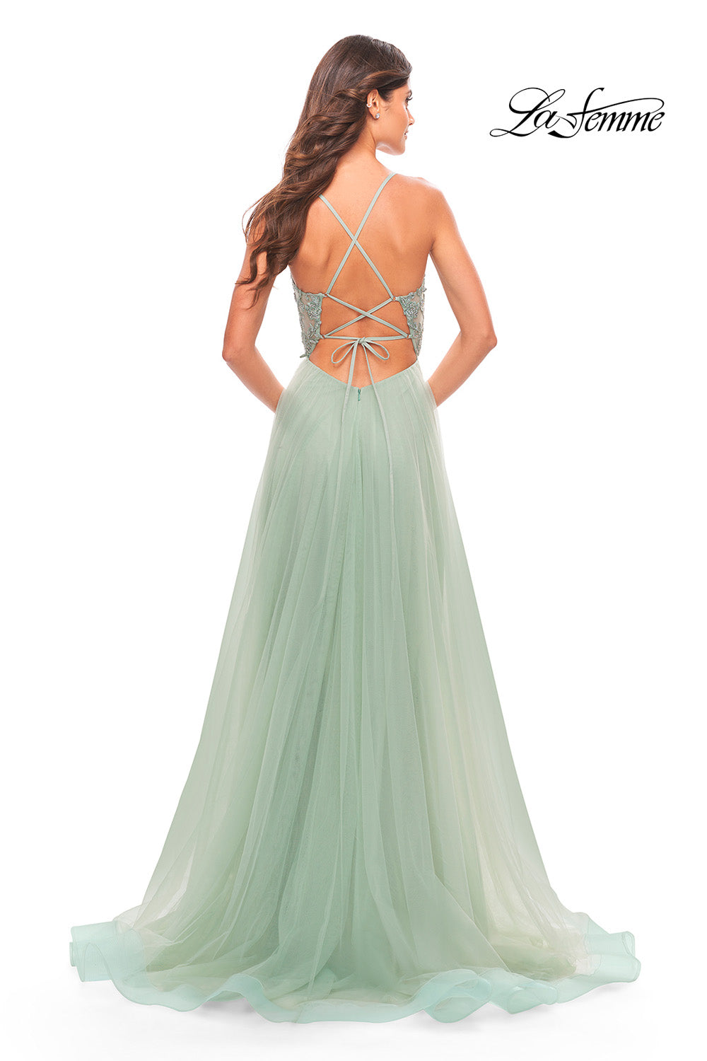 La Femme 31542 prom dress images.  La Femme 31542 is available in these colors: Light Periwinkle, Sage.