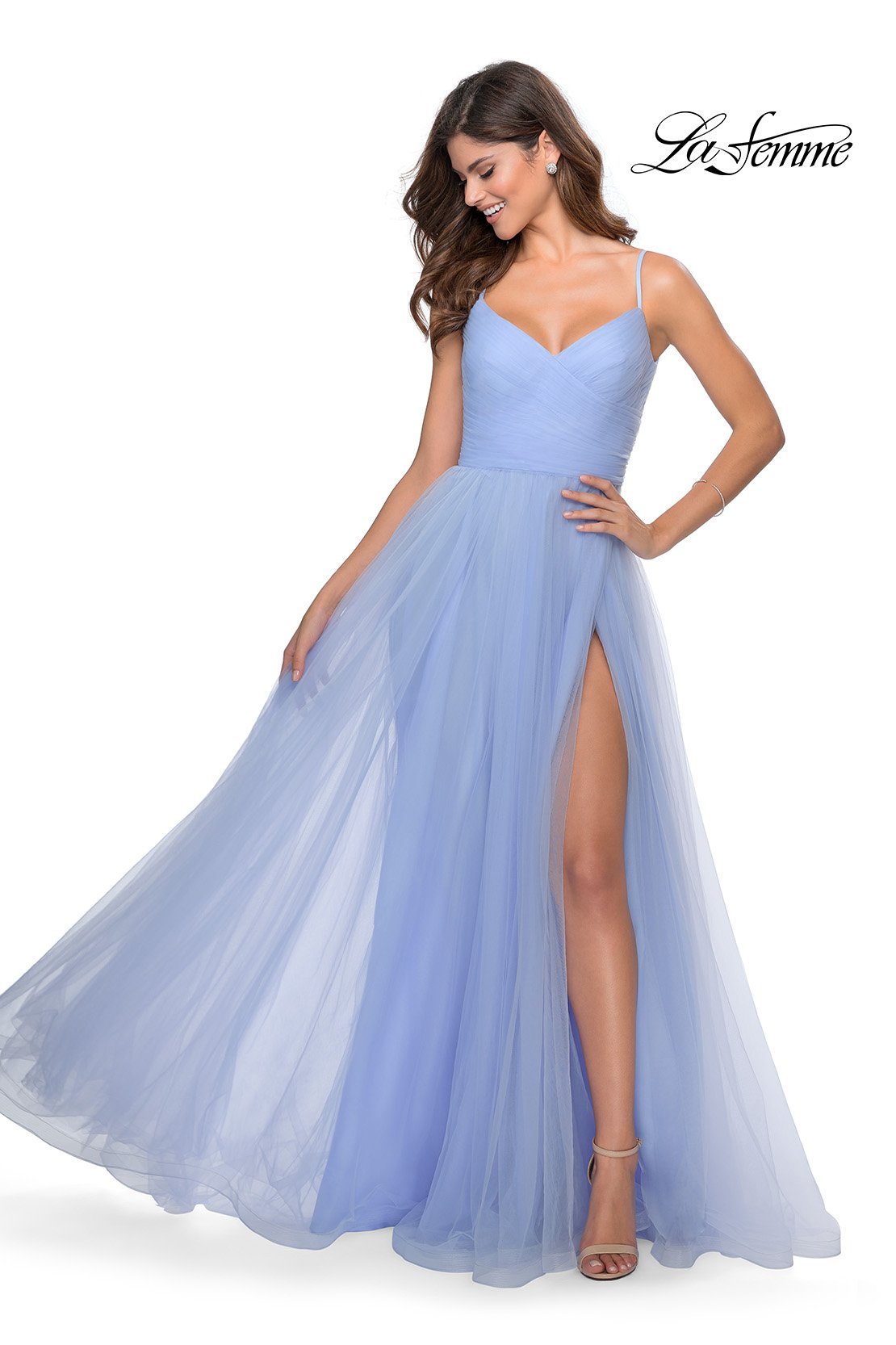 La Femme 28123 dress images in these colors: Black, Electric Blue, Lilac Mist, Neon Pink, Red.