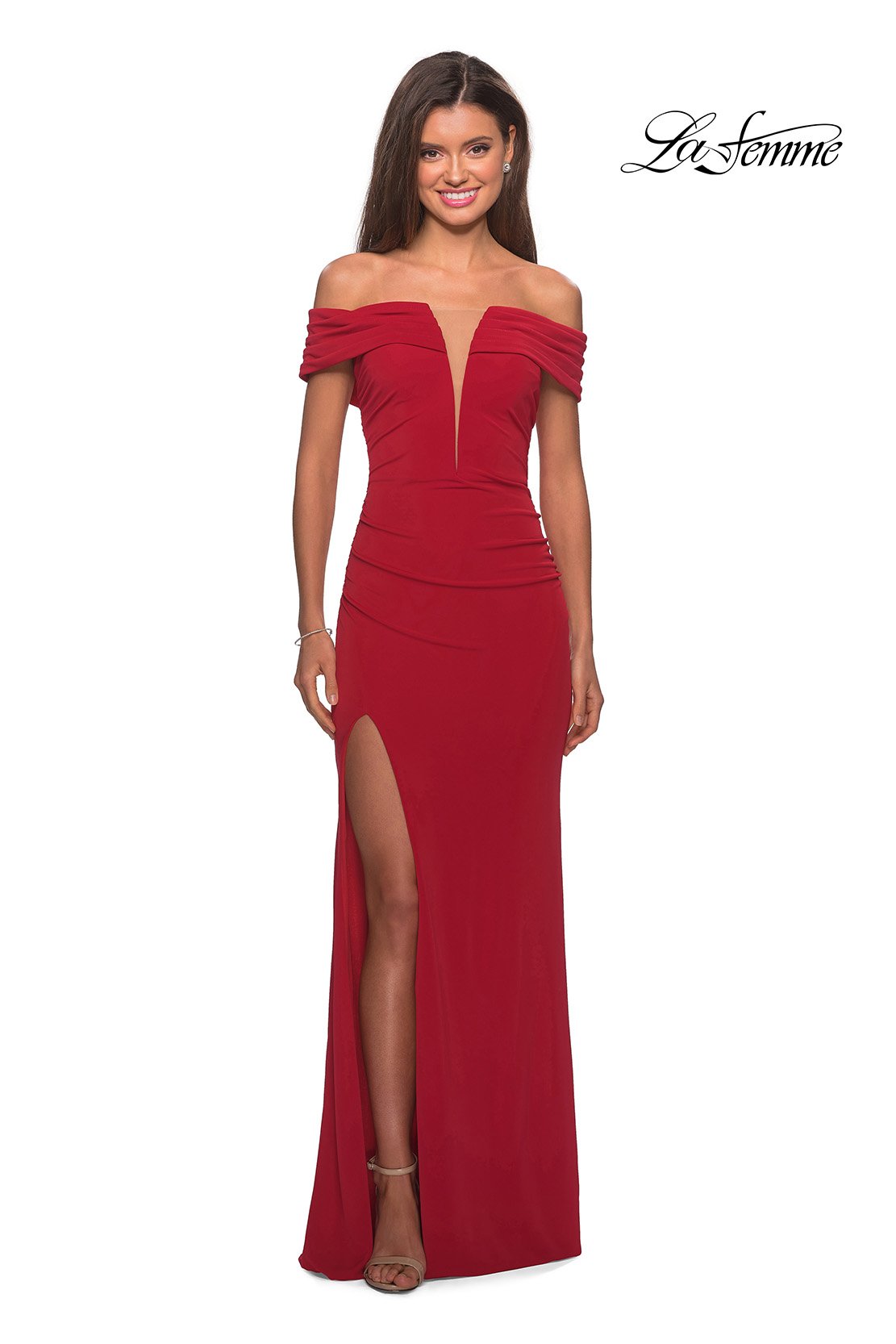 La Femme 28132 dress images in these colors: Black, Deep Red, White.