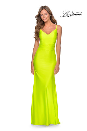 La Femme 28287 dress images in these colors: Black, Hot Pink, Neon Yellow, Royal Blue.