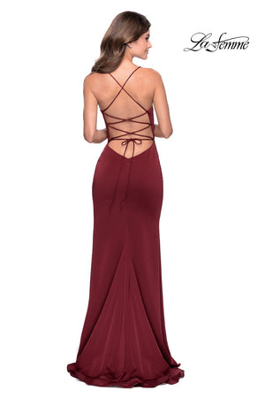 La Femme 28294 dress images in these colors: Black, Emerald, Mauve, Pale Yellow, Red, Royal Blue, Royal Purple, White, Wine.
