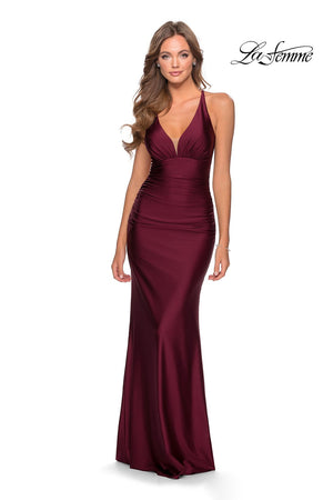 La Femme 28297 dress images in these colors: Black, Dark Berry, Neon Pink, Royal Blue, Yellow.
