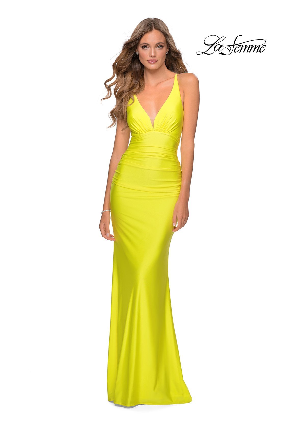La Femme 28297 dress images in these colors: Black, Dark Berry, Neon Pink, Royal Blue, Yellow.