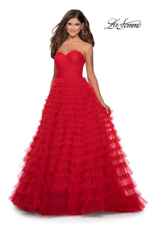 La Femme 28345 dress images in these colors: Black, Hot Pink, Red.