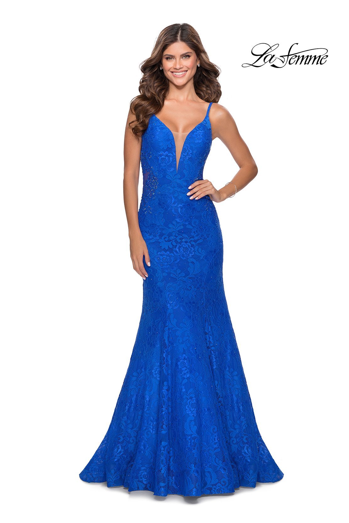 La Femme 28355 dress images in these colors: Black, Electric Blue, Neon Pink.