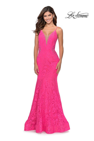 La Femme 28355 dress images in these colors: Black, Electric Blue, Neon Pink.