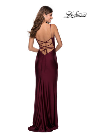 La Femme 28421 dress images in these colors: Dark Berry, Light Copper, Navy.