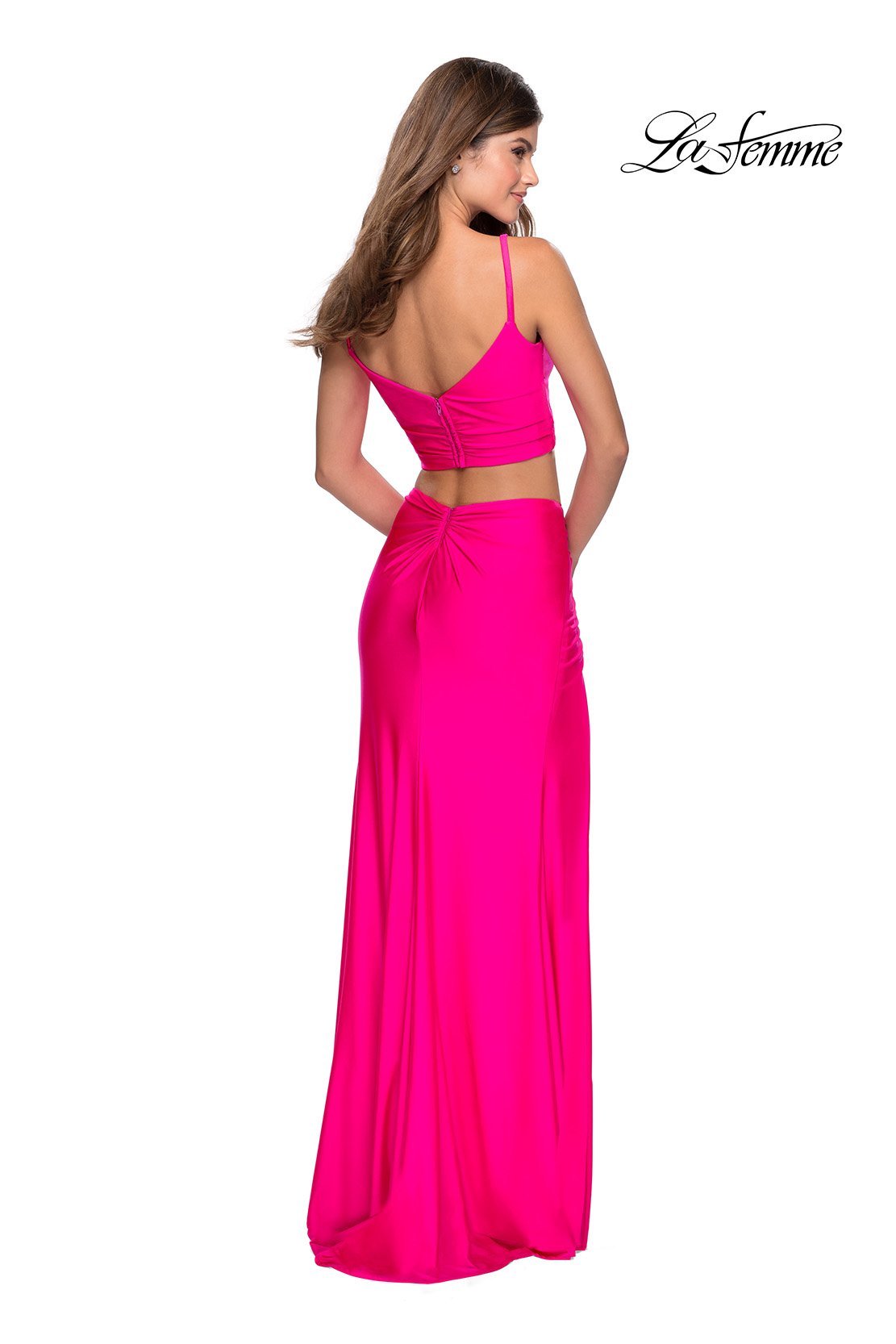La Femme 28472 dress images in these colors: Neon Green, Neon Pink, Neon Yellow, Royal Blue.