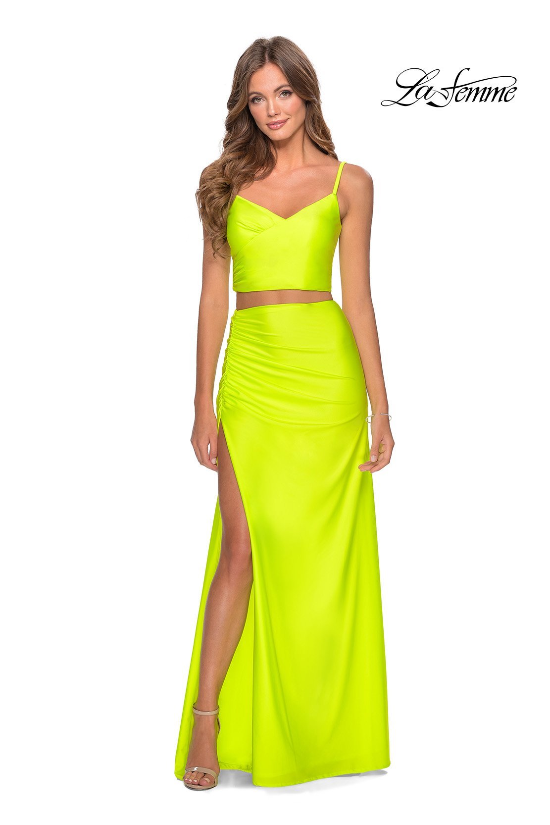 La Femme 28472 dress images in these colors: Neon Green, Neon Pink, Neon Yellow, Royal Blue.