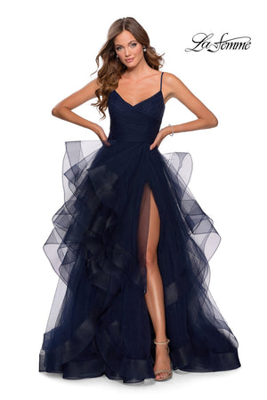 La Femme 28502 dress images in these colors: Blush, Dark Berry, Navy.