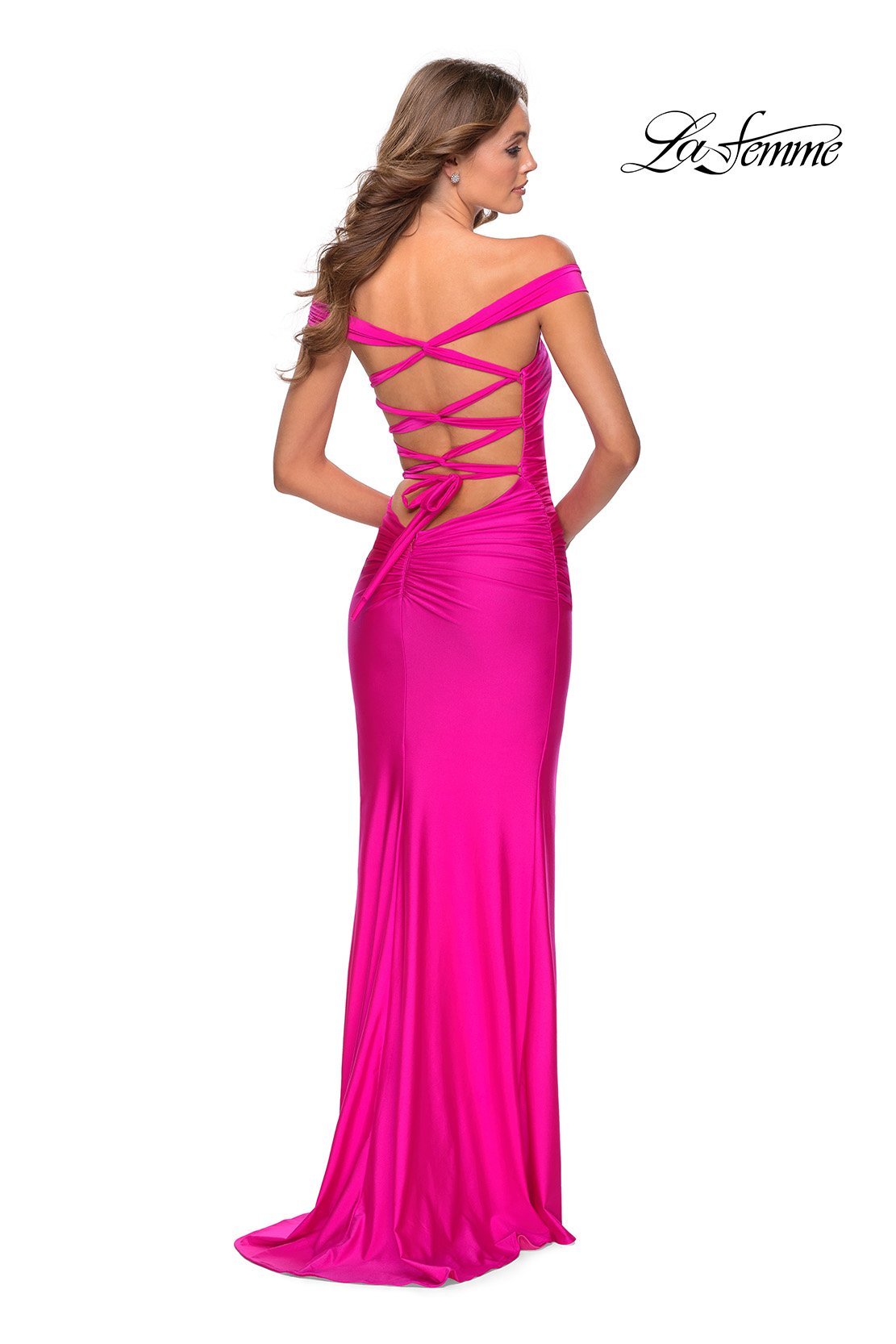 La Femme 28506 dress images in these colors: Black, Dark Berry, Hot Pink, Mauve, Royal Blue, Yellow.