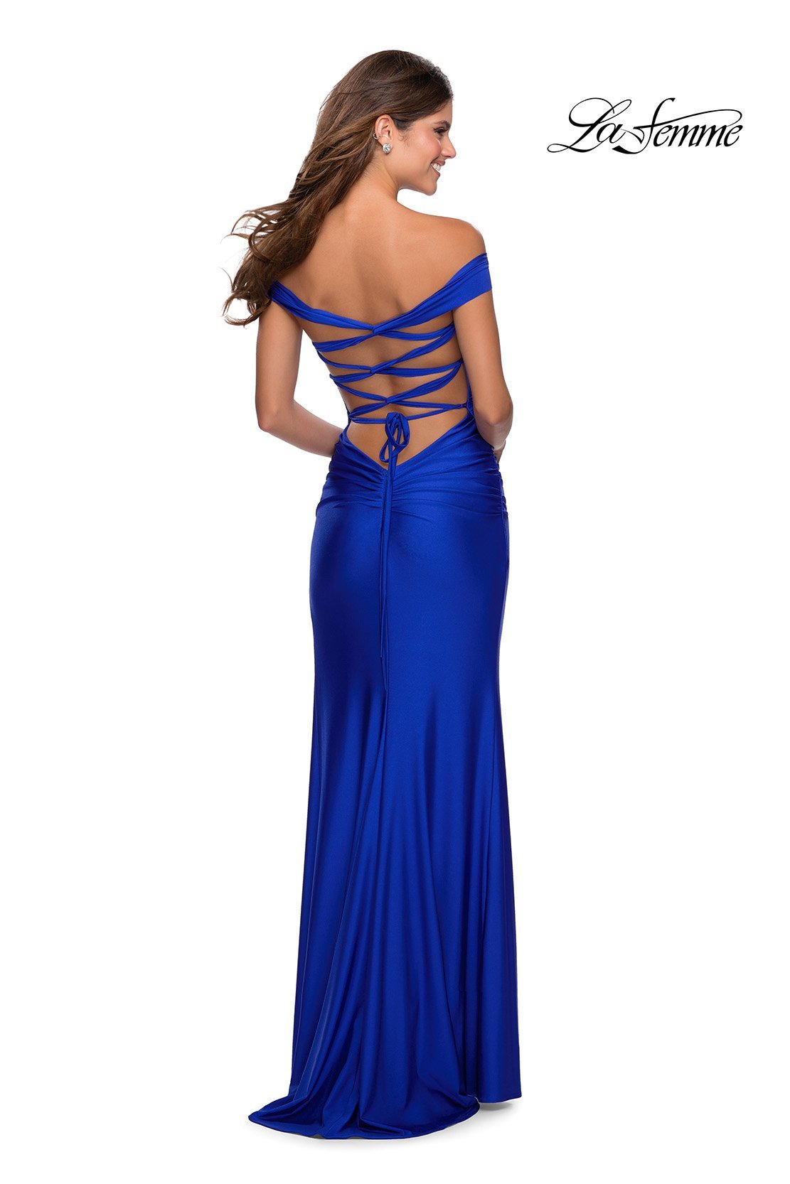 La Femme 28506 dress images in these colors: Black, Dark Berry, Hot Pink, Mauve, Royal Blue, Yellow.