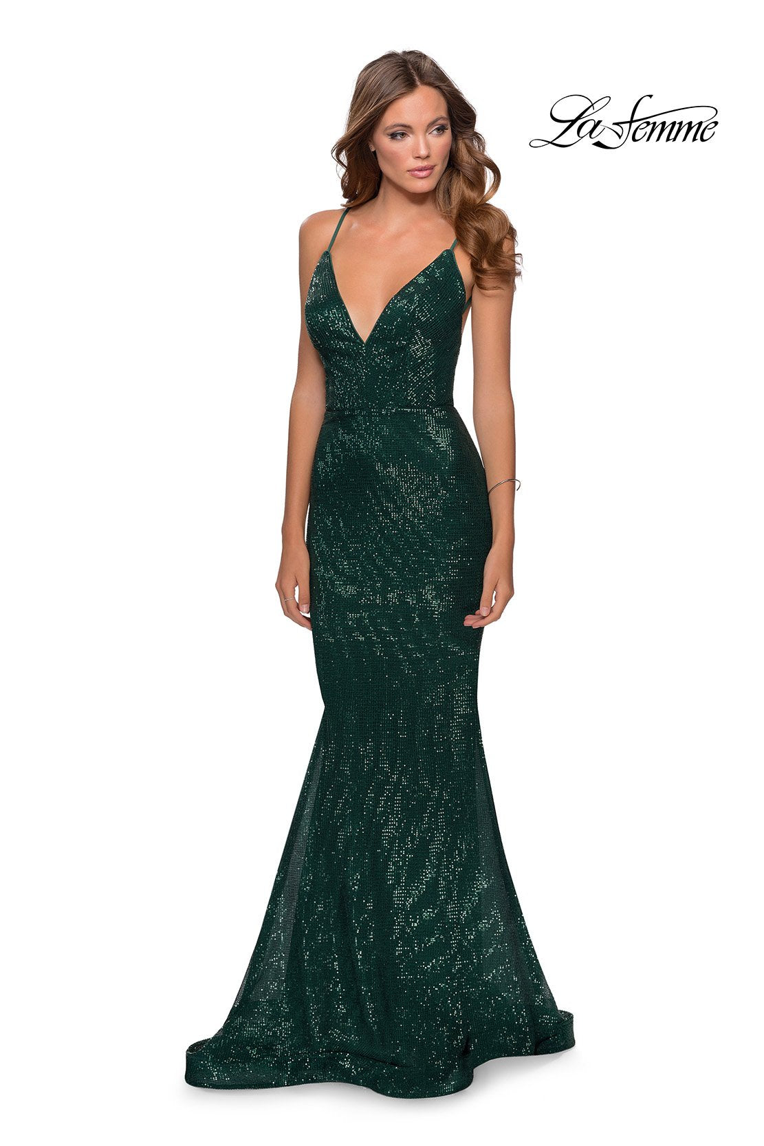La Femme 28519 dress images in these colors: Burgundy, Champagne, Emerald, Navy.